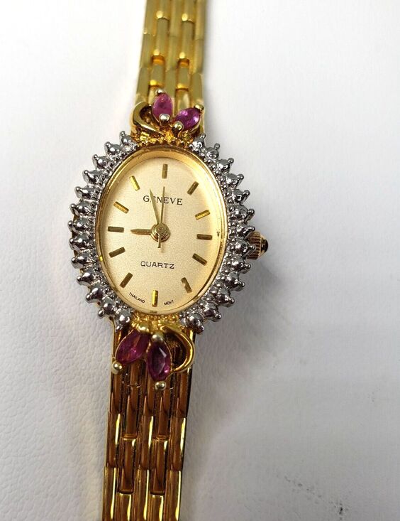 Vtg1960s Geneve Quartz Thailand Movement Gold Womens Oval Watch Rubies Hong Kong main image 14